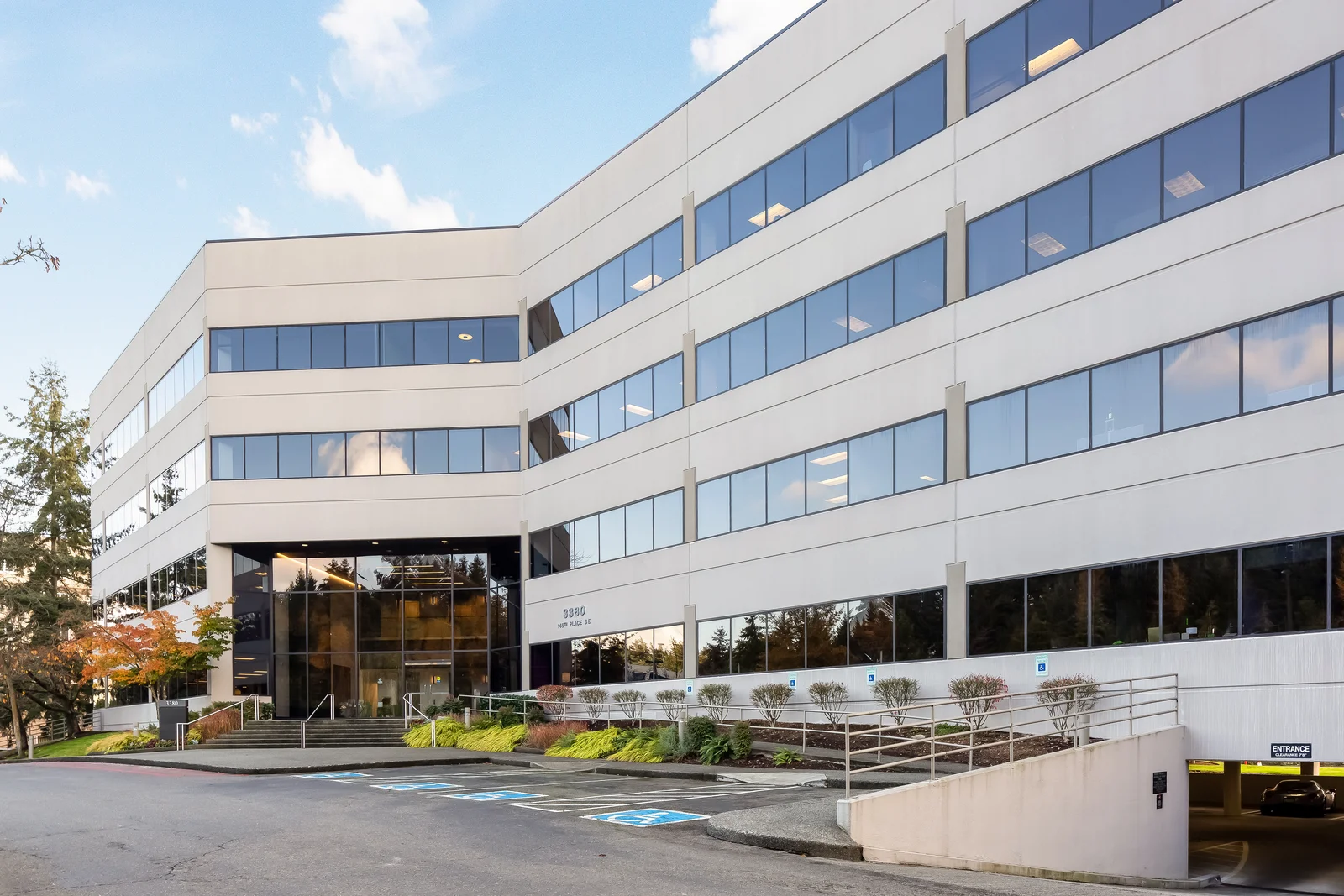 Cascade Yard multi-story modern office building at 3245 146th Place Southeast in Bellevue with horizontal window bands and glass entrance
