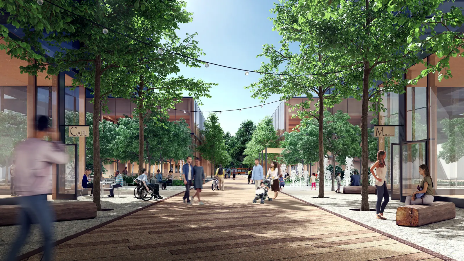 Rendering of proposed redevelopment on the site of Lloyd Center mall in Portland, featuring six acres of public open space.