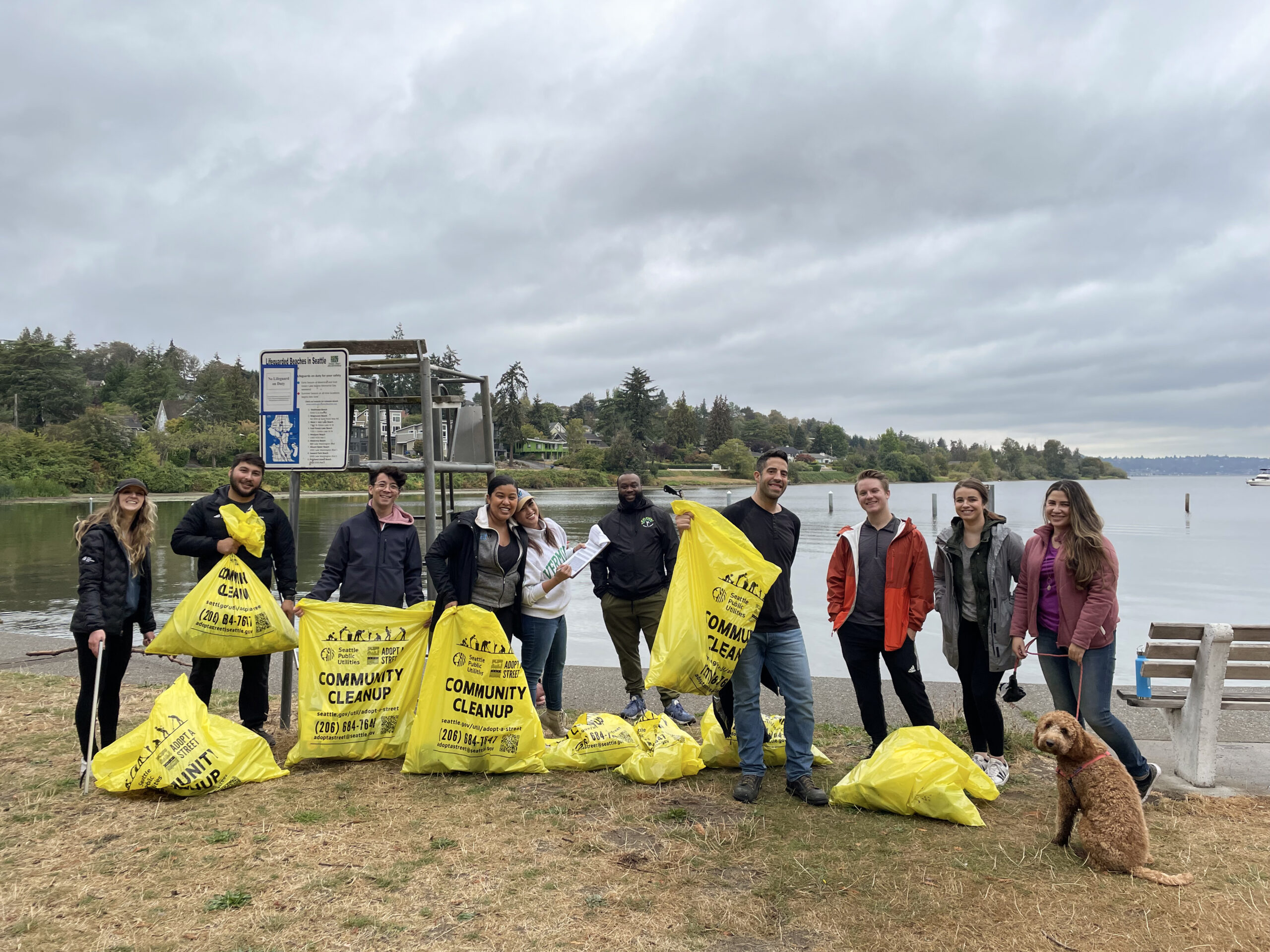 A group of URG employees picking up trash at Seward Park in Seattle.