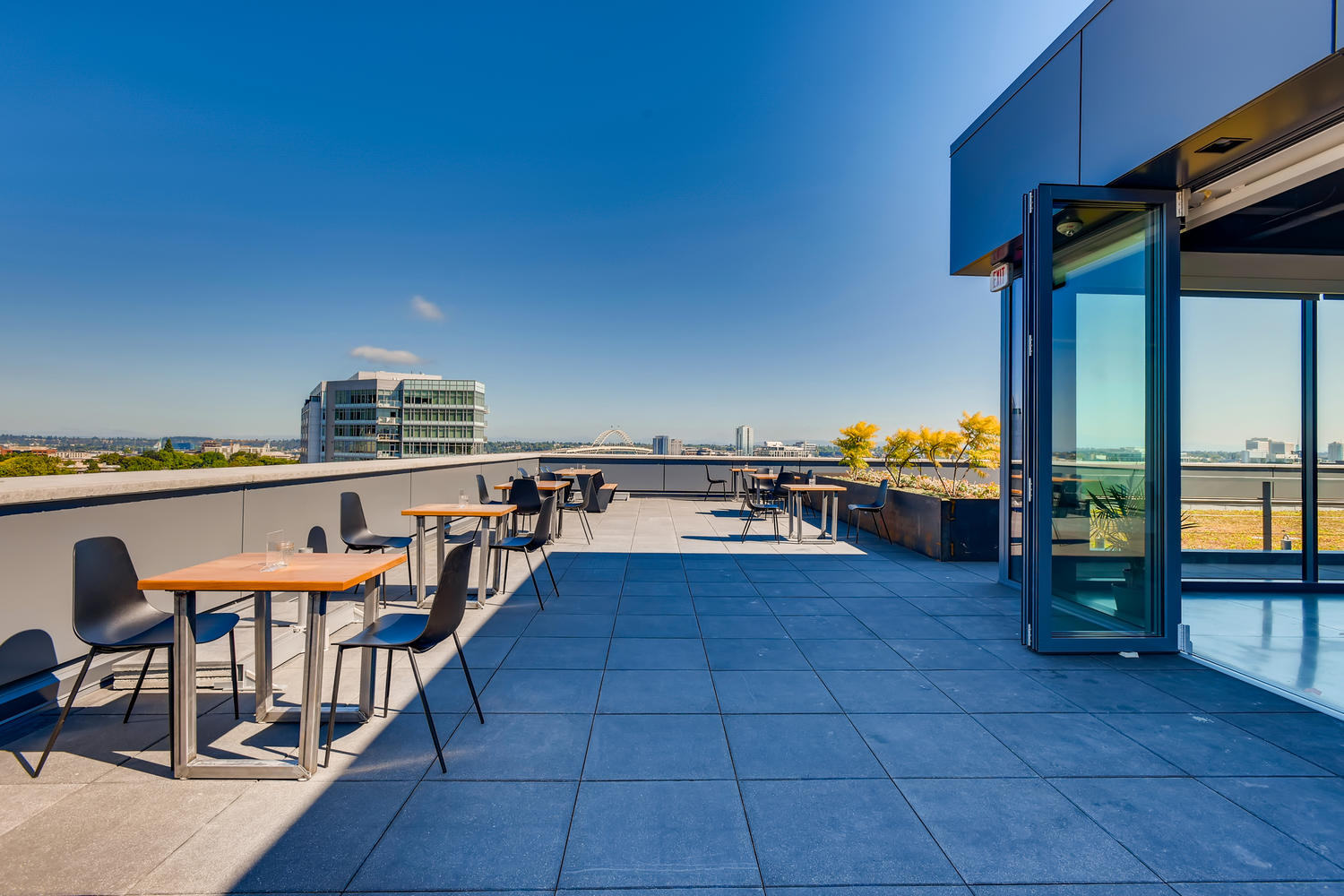 The Canvas rooftop deck features sweeping 360 degree views of the city skyline, bridges and mountains - a unique perspective of Portland's west hills.