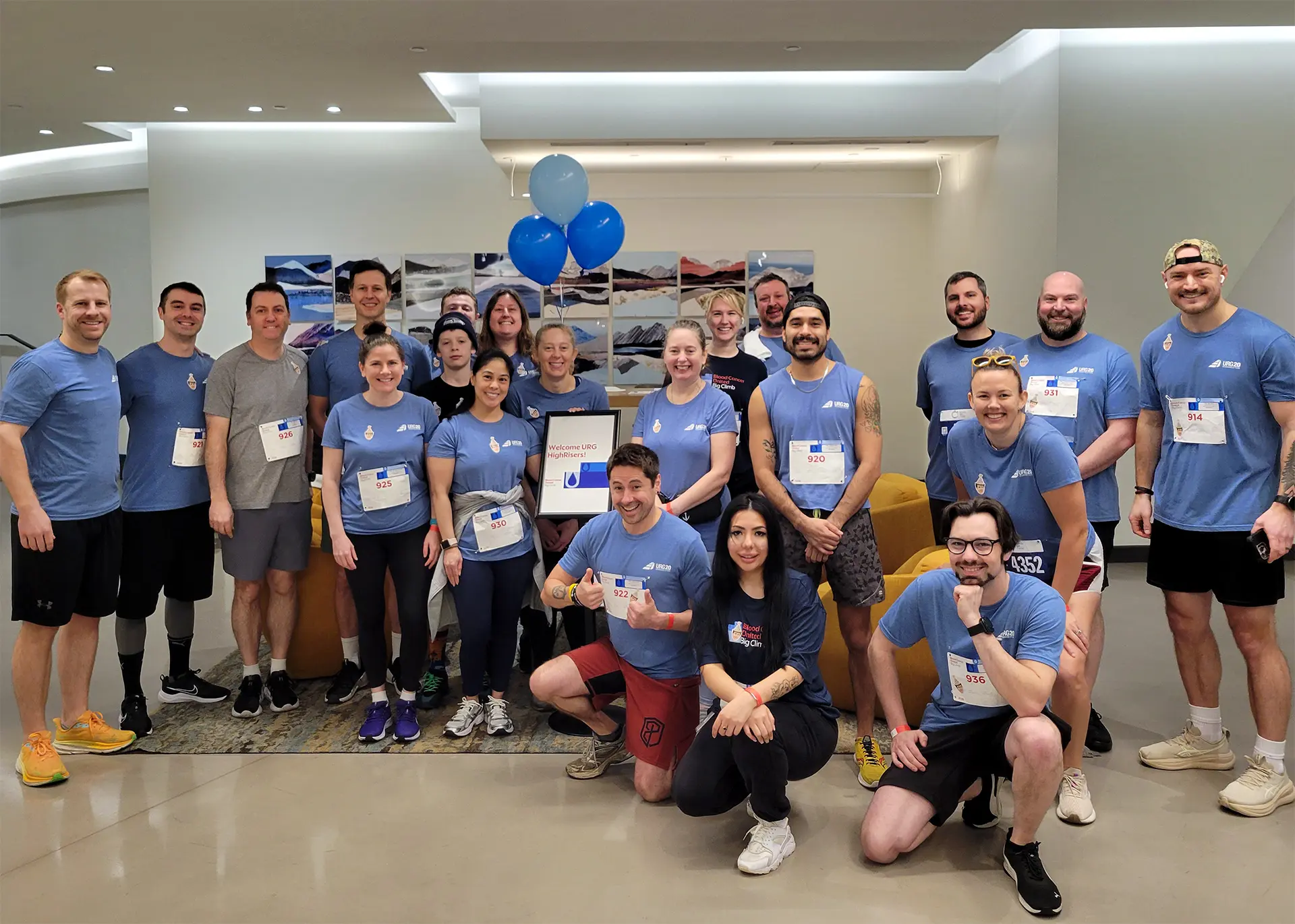 A group of URG employees gather for the Big Climb event at Columbia Center in Seattle to support Blood Cancer United.